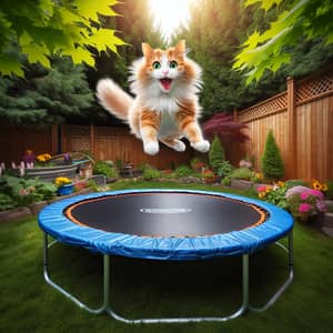 Fluffy Orange and White Cat Jumping on Blue Trampoline