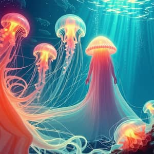 Surreal Underwater Scene with Glowing Jellyfish & Mysterious Figure