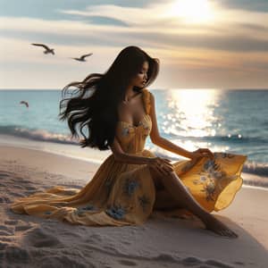 Serene Beach Scene with South Asian Female in Yellow Summer Dress