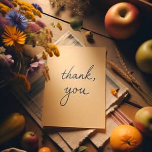 Gratitude Note on Weathered Wood Table with Fruits and Wildflowers
