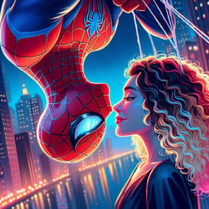 Spiderman Kissing Girl with Curly Blonde Hair - Romantic City Scene