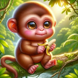 Chubby Baby Monkey Illustration in Tropical Rainforest | Brown Fur & Pink Face