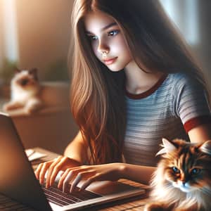 Teenage Girl Creating Content with Feline Companion | Website Name