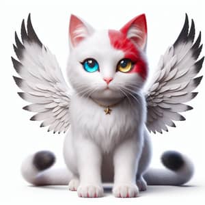 White Cat with Red Patches and Wings - Realistic Full-Body Portrait