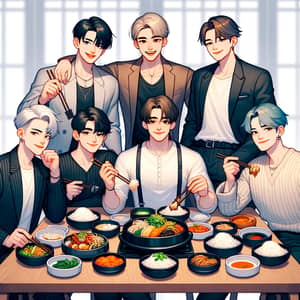Stylish Male Figures Enjoying Korean Feast | Diverse Group Dining Scene