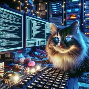 Tech-Savvy Feline: Hacker Cat in a Dimly Lit Lair