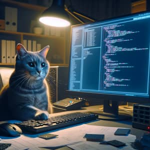Grey Cat Hacking Computer in Dimly Lit Room | Code Kitty Scene
