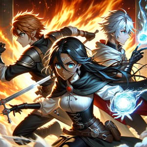 Epic Anime-style Characters in Fiery Battle Scene