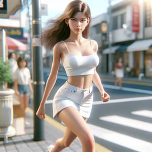 Stylish Teenage Girl in White Mini Skirt and High Heels