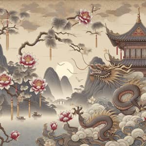 Chinese Wallpaper Design with Dragon, Lotus, and Cherry Blossoms