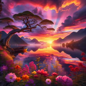 Captivating Sunset Landscape with Ancient Tree and Vibrant Flowers