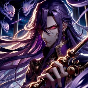Male Anime Character with Long Purple Hair and Intense Aura