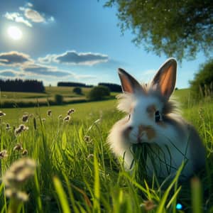 Fluffy Rabbit Nibbling on Green Grass in Beautiful Countryside