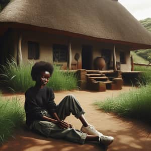 Black Woman Serenely Relaxing by a Grass Roofing House