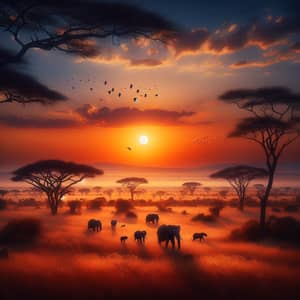 African Savanna at Sunset: Elephants in the Golden Grass