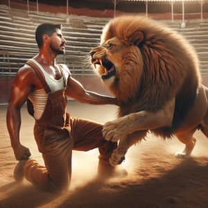 Hispanic Worker vs Lion: Courageous Battle in Dusty Arena
