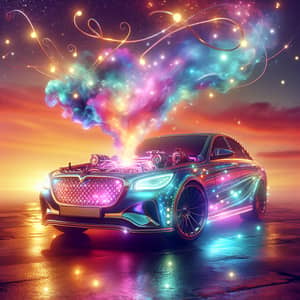 Magical Floating Car with Shimmering Lights | Sunset Scene