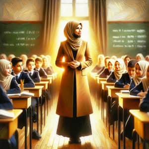 Confident Muslim Teacher in Impressionist Style Educational Painting