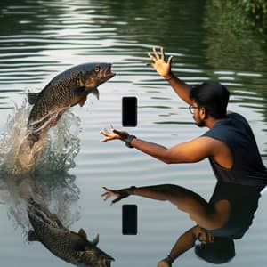Man Catching Smartphone by Serene Water with Leaping Fish
