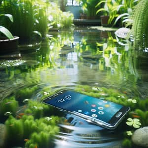 Modern Mobile Phone Accidentally Dropped in Tranquil Pond