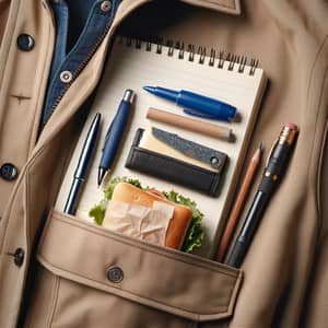 Realistic Jacket Design with Pocket Notebook, Pen, Pencil, and Sandwich