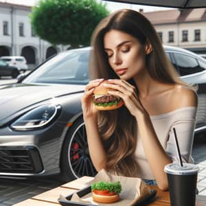 Modern Car on Street with Woman Eating Burger Outdoors