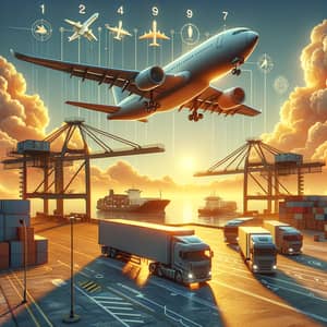 Morning Golden Hour Composite: Airplane Flying Over Cargo Truck at Shipping Docks
