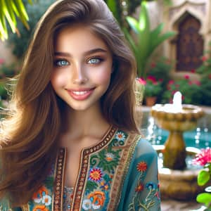 Beautiful Middle-Eastern Teenage Girl with Brunette Hair in Embroidered Gown