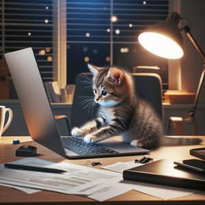 Adorable Tabby Cat Interacting with Laptop on Desk