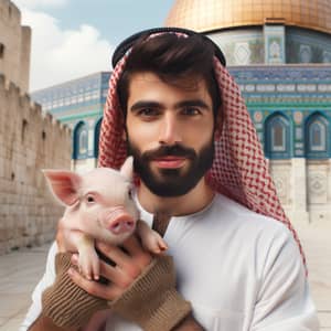 Middle Eastern Man Holding Pig - Cultural Diversity in Agriculture