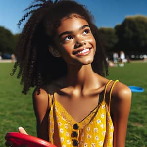 Basking African American Teen in Bright Yellow Dress at Park