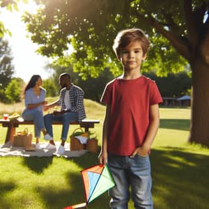 Playful Scene in the Park: Boy Flying Kite with Diverse Family Picnicking