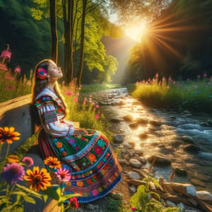 Hispanic Girl in Traditional Attire Embracing Nature's Peace
