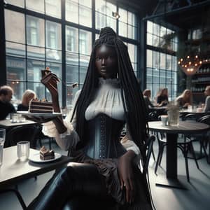 Elegant Black Girl Indulging in Decadent Chocolate Cake at Modern Cafe