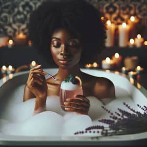 Luxurious Relaxation: Black Woman in Bubble Bath with Cocktail