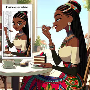 African Fashionista Enjoying Cake in a Cafe