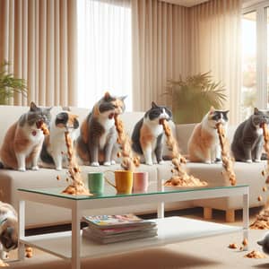 Colorful Cats Regurgitating in Cozy Living Room