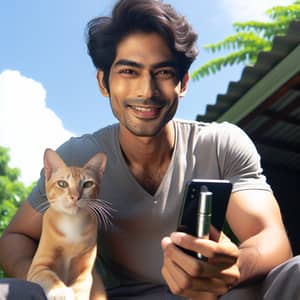 South Asian Man with Friendly Cat Outdoors
