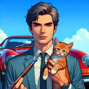Tall East Asian Man with Tabby Cat and Vintage Pen | Red Sports Car