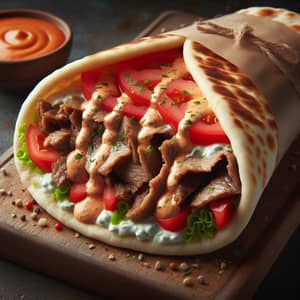 Delicious Shawarma Meat Sandwich with Sauce and Tomatoes