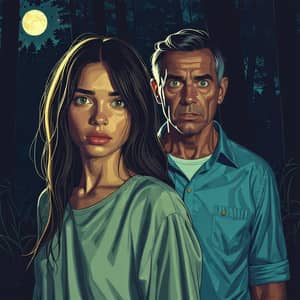 Night Forest: Young Woman and Older Man Scared