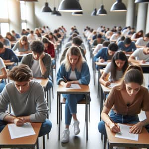 Diverse Students Intently Focused on Exams in Classroom Setting