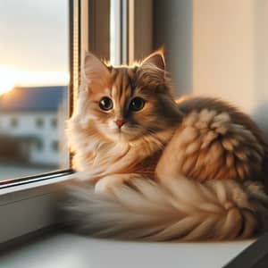Beautiful Sunset Cat Sitting Comfortably on Windowsill