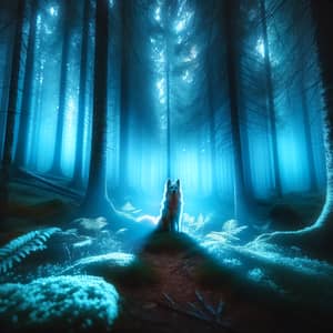 Mystical Blue Light Dog in Forest