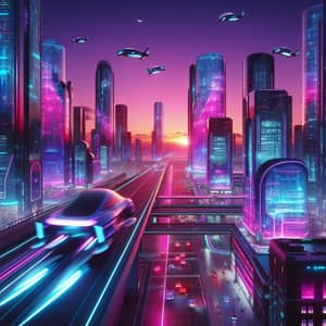 Futuristic Cityscape at Dusk: Vibrant Neon Lights & Flying Cars