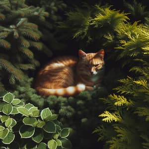 Ginger Cat Relaxing in Bushes | Tranquil Scene