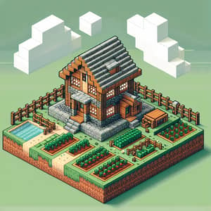 Blocky Minecraft-style House with Pixelated Farm Plots