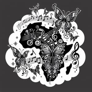 Butterfly and Musical Note Tattoo Design with African Continent Shape