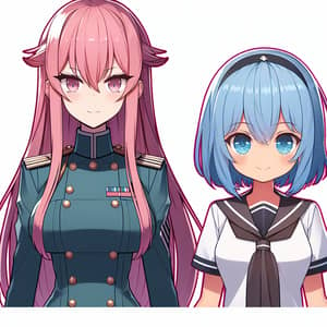 Anime-Style Illustration of Two Characters: Pink-haired Woman and Blue-haired Girl