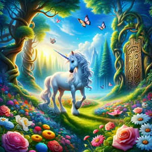 Majestic Unicorn in Vibrant Meadow with Butterflies and Forest Maze